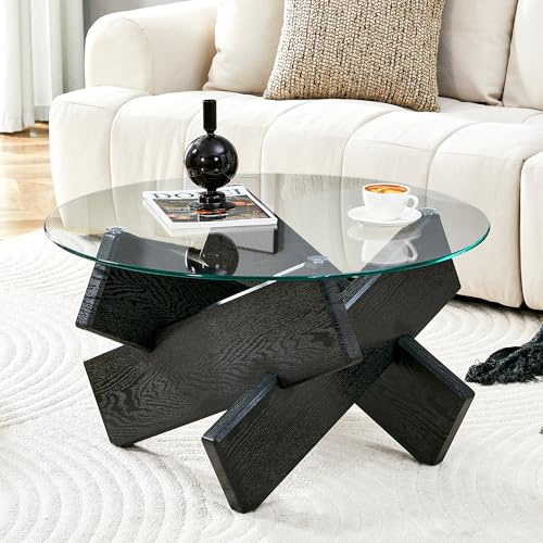 JUFU Couchtisch rund, Wohnzimmertisch Glas modern mit Oberfläche aus Hartglas und MDF Gestell in Holzoptik, Kaffeetisch für Schlafzimmer, Wohnzimmer (Schwarz)