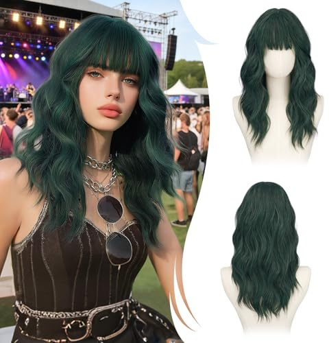 RUWISS Peluca Verde Apagado Ondulada con Flequillo para Mujer, 50 cm Shoulderlongitud Peluca de pelo Sintético en Capas Pelucas con Volumen Natural para Diario y Fiesta