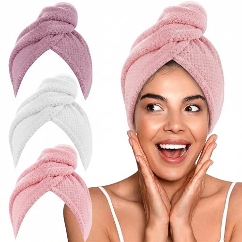 KU Mikrofaser Handtuch Haare 3 Stück Haarturban & Turban Handtuch mit Knopf