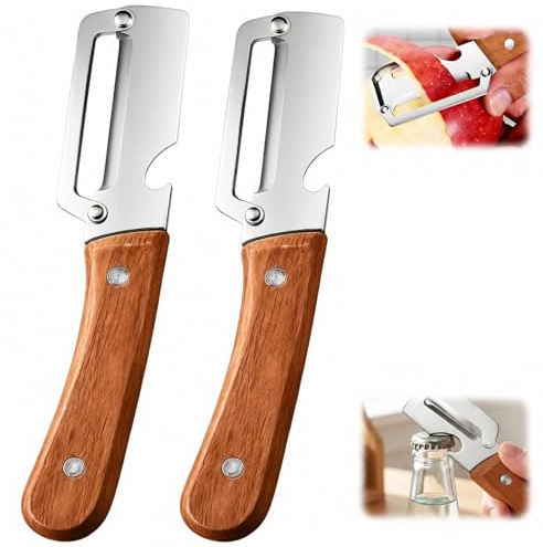 2 Stück Multifunktionaler Gemüseschäler mit Holzgriff, Zero Snag Holzschäler, 2-in-1 Sparschäler und Flaschenöffner für Obst, Gemüse, Gurken und Kartoffeln