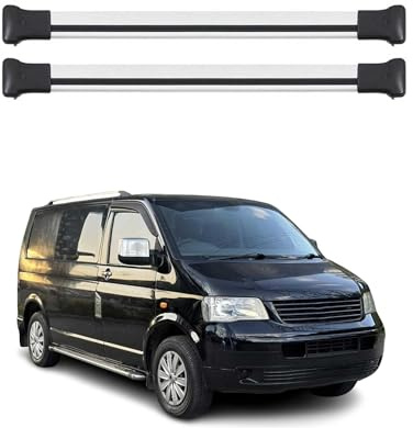 Dachträger Grundtäger kompatibel mit VW T5 Transporter Caravelle Multivan 2003-2015 Aluminium 75kg Silber 2tlg Offene Reling für Fahrradträger, Dachboxen, Skiträger Abschließbar