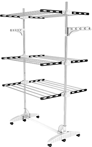 Todeco Séchoir à Linge Pliant à 3 Niveaux, Etendoir à Linge intérieur en Acier Inoxydable, Sèche-Linge étendoir Pliable avec Ailes réglables en Hauteur pour Terrasse Jardin, Noir