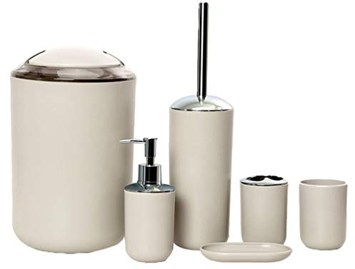 MisFox Set de 6 Accesorios para el Cuarto de Baño con Dispensador de Jabón, Cubo de Basura, Soporte de Cepillo de Dientes, Taza de Dientes, Cepillo de Baño y Jabonera - Marrón