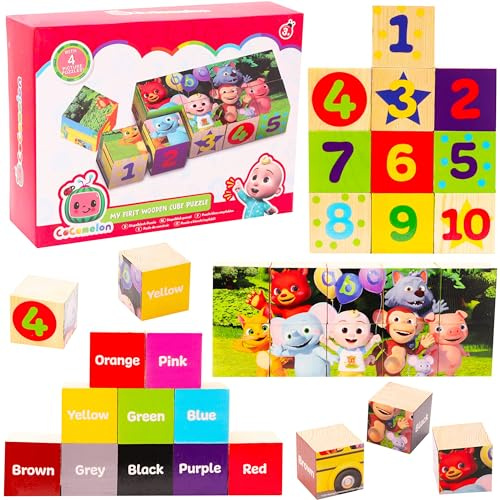 Toyland® Cocomelon Cubes en Bois avec 4 Puzzles d'images - Jouets éducatifs pour Tout-Petits - Blocs de Construction