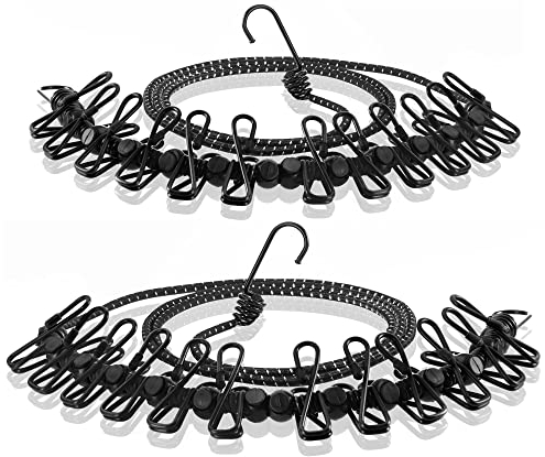 COM-FOUR® Corde à linge de voyage 2X - 180-350 cm par ligne - corde à linge de camping avec bande élastique réfléchissante - corde à linge avec 12 clips métalliques chacune (noir/noir)