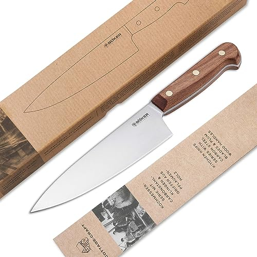 BÖKER SOLINGEN® Cottage-Craft - scharfes Profi Chefmesser klein 16 cm aus Carbonstahl - handgemachtes Kochmesser aus Solingen - in Geschenk-Box, Braun, Silber, 27.5