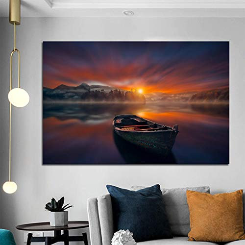 Yinaa Leinwand Malerei Wandbild Modernes Boot See Sonnenuntergang Landschaft Poster und Drucke Wohnzimmer Interieur Home Decor 50x80cmx1pcs rahmenlos