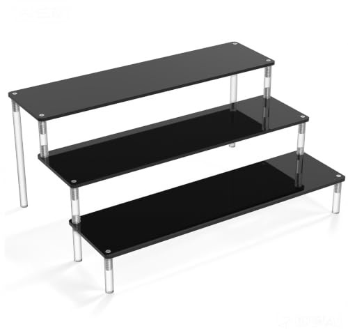 Acryl Schwarz Riser Display Regal Ständer für Amiibo Funko Pops Figuren | Regal für Parfüm Kosmetik Cupcakes Kunsthandwerk, 3 Ebenen Bieten Stilvolle Präsentation und Ordnung, 1-Stück (30cm)