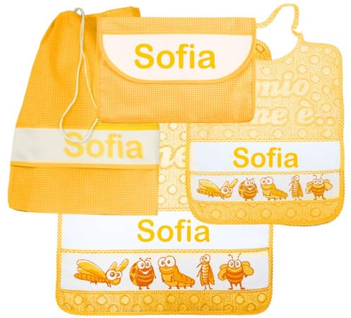 SET ASILO PERSONALIZZATO CON NOME composto da 4 pezzi:bavaglino spugna con elastico cm.28x33, asciugamano cm.40x55 ,sacca e bustina con fascia PERSONALIZZATI Cotone 100% Made in Italy (GIALLO BANANA)