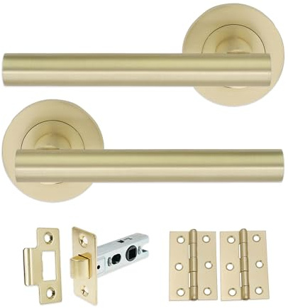 Infinity Decor Pack of Satin Brass Straight T- Bar Lever Door Handles with Pair of 3” Butt Hinges and 2.5” Tubular Latch Set – Interior Pull Handles Ideal for Interior and Exterior use