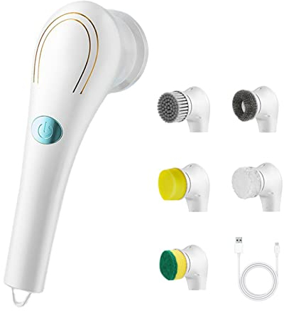 Spazzola elettrica per la pulizia elettrica portatile senza fili con 5 testine sostituibili, ricaricabile tramite USB a 360° per lavabi da parete, vasca da bagno, lavandino della cucina