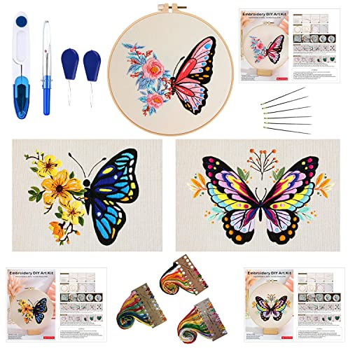 W Rxkiocs Stickerei Kit Stickset Für Anfänger DIY Kreuzstich Set Schmetterling Cross Stitch Kit Mit Verstellbarer Stickrahmen Sticknadel Farbe Embroidery Thread