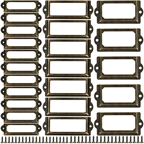 60 Pcs Office Library File Drawer Cabinet Card Tag Label Holder Metal Frame, Antique Bronze Metal Label Holders Name Card Frame for Wood Drawers Shelves Fabric Bins, 3 Sizes