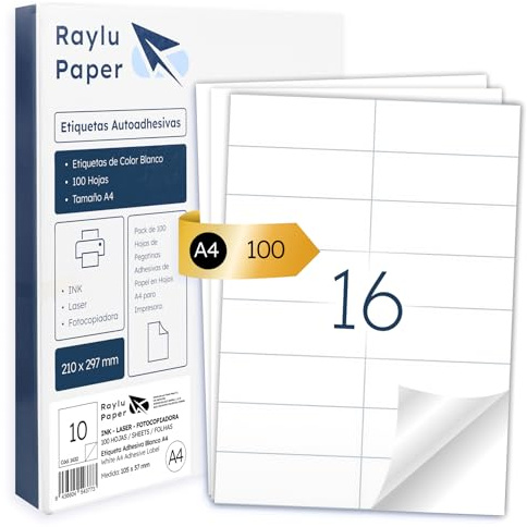 Raylu Paper – Etiquetas Adhesivas para Imprimir, 100 Folios de Pegatinas para Imprimir A4, Papel Adhesivo para Pegatinas Personalizadas, Etiquetas Autoadhesivas Blancas (16 x hoja (105x37mm))
