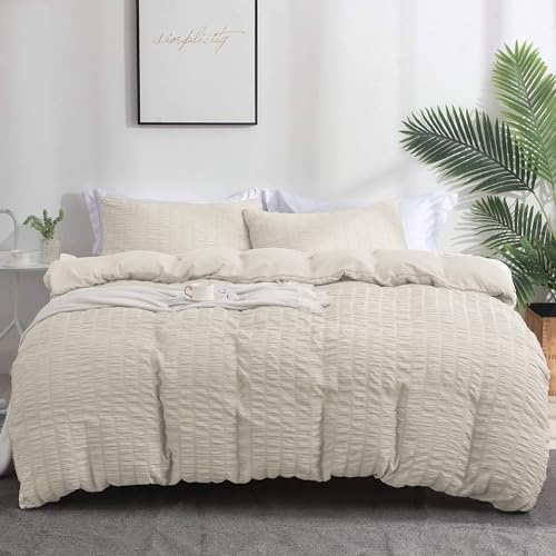 Boqingzhu Seersucker Bettwäsche Beige 220x240cm Sommer Atmungsaktiv Kühlende Wende Bettwäsche Set Bettbezug 220x240cm und 2 Kissenbezüge 80x80cm mit Reißverschluss