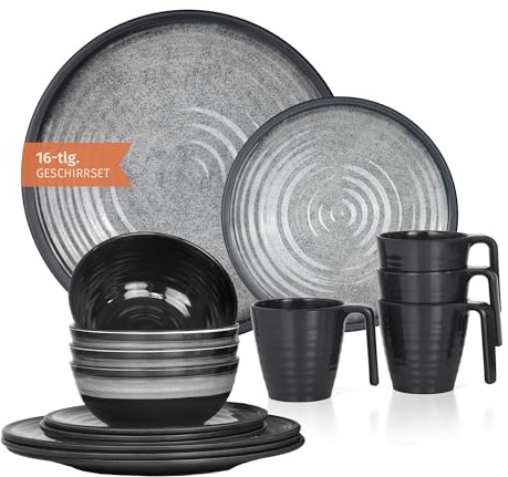 Ensemble de vaisselle de camping en mélamine 4 personnes Stone Grey + 4 tasses Stone Kaffetassen Becher Vaisselle de table pour pique-nique BBQ Ustensiles de cuisine