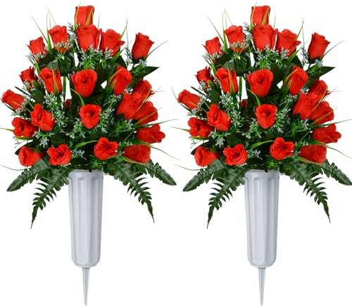 XONOR Artificial Cemetery Flowers, Grave Decorations Roses, Memorial Flowers Bouquet with Cemetery Vase, 2 Sets (Red)