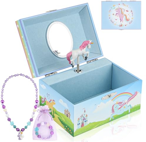 hombrima Boîte à bijoux de musique, boîte de réception de bijoux de musique avec jeu cadeau de ballerine tournante pour filles enfants filles (Bleu-cheval)