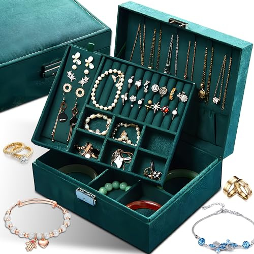 Retoo Schmuckkästchen mit 2 Ebenen, Schmuckschatulle aus Samt, Schmuckbox, Schmuckschatulle, Schmuckkoffer für Damen, Aufbewahrungskoffer, Schmuckkästen für Ringe, Ohrringe, Halsketten und Uhren