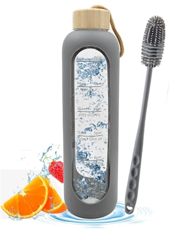oeeo Borraccia in Vetro Infrangibile 1L con Custodia in Silicone, Coperchio in Bambù, Indicatore del Tempo, A Prova di Perdite, Spazzola Inclusa - Ideale per Sport, Palestra, Escursioni e Tempo Libero