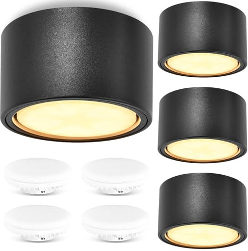 GeyouLux Lot de 4 Spots Plafonnier Noir, IP44 Spot en Saillie, 6W Spot LED Remplaçable GX53 Ampoule 680LM 3000K Blanc Chaud, Spot Plafond en Aluminium Ø95x55mm Plafonnier pour Cuisine Chambre Salon