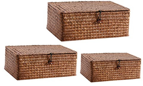 VILLFUL 3stücke Geflochtener Aufbewahrungskorb Mit Deckel Aus Rattanmöbel Für Rustikale Dekoration Kleinteile-organizer Als Aufbewahrungsbox Für Schreibtisch Korb Mit Deckel Für Küche Und