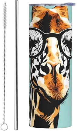 YYHHAOFA Tazza in acciaio di qualità con motivo giraffa con occhiali, 590 ml, con cannuccia, adatta per bar, uffici, auto, case