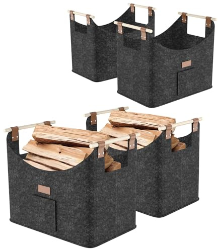 YUENFONG Lot de 4 paniers en feutre pour bois de cheminée, panier à bois de chauffage, panier à bois de cheminée, panier à bois pliable, sac en feutre extra épais avec poignée, pour journaux, 50 x 32