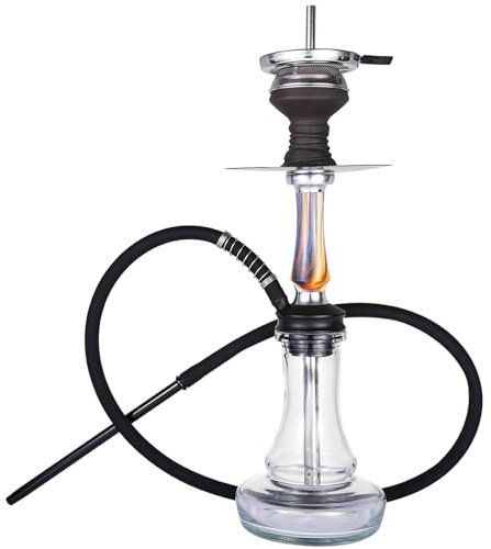 RMAN Shisha set komplett 43cm rostfritt stål vattenpipa med plug-in skål, coolt utblåsningssystem, stängd kammare, rostfritt nedsänkningsrör, skorstenshuvud, shisha-slangsats (svart) | med keramisk glasskål, klicksystem, sluten rum, högkvalitativ slang