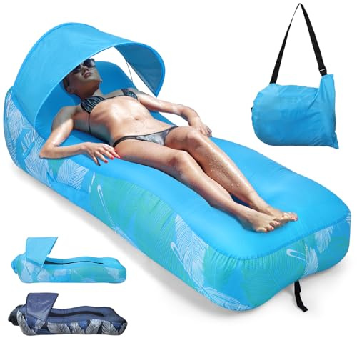 Outplea Hamac Gonflable avec Parasol, Portable Canapé Gonflable Air Sofa Eau et Terre, Imperméable Pouf Gonflable avec Sac, Pliable Sofa Gonflable pour Jardin Camping Plage, Plume Bleu Ciel
