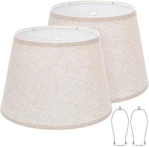 Large Drum Lamp Shades Set of 2, 12Top x 16Bottom x 11High, Beige Lampshades for Table Lamps Floor Lamps, Natural Linen Replacement Lamp Shades, Spider, Harp Holders Included, Easy Assembly