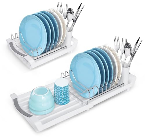 Minicoco Dish Drainer Expandable, Small Dish Drying Rack with Removable Cutlery Holder, Stainless Stee Dish Rack Non-Scratch Kitchen Dish Drainer Rack, White