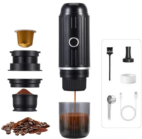 Portable Coffee Maker, 2-IN-1 Electric Espresso Machine with Self-Heating , USB-C Charging, 19Bar Pressure, Travel Coffee Maker Compatible with Ground Coffee & Espresso Capsules, for Camping & Car