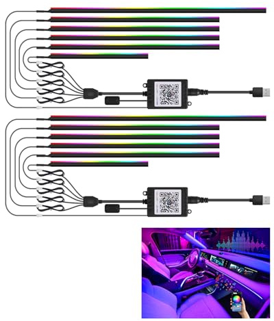 Bellanny Auto LED Innenbeleuchtung, 6 IN 1 RGB Streifen, USB-Port Lichtleiste mit Fernbedienung, Ambientebeleuchtung, Stimmungslicht, Wasserdicht APP Steuerbare Mehrfarbig Musik Atmosphäre Licht, 2set