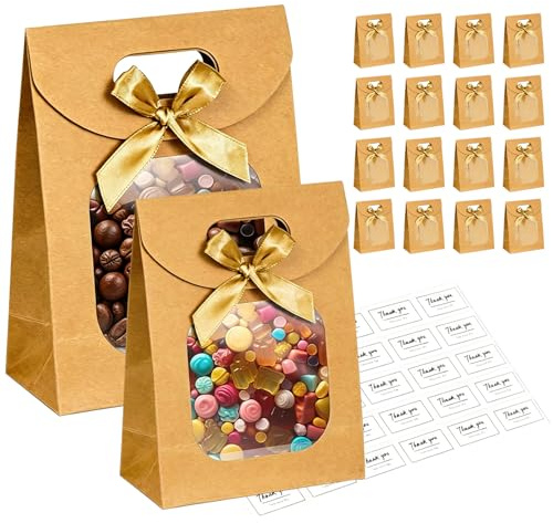 16STK Geschenktüten Papier Kraftpapier Geschenktüte mit Fenster Klein | 16x12x6CM 20X14X7CM Braun Papiertüten mit Henkel Aufkleber Geburtstag Hochzeit Papiertüten für Keksen Süßigkeiten Geschenken