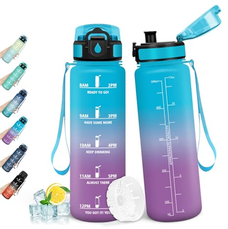 HoneyHolly Trinkflasche 1L, Auslaufsicher mit Zeitmarkierung, Wasserflasche, Sportflasche mit Filter, Trinkflasche Kohlensäure Geeignet, Flasche, Wasserflasche Sport für Outdoor, Fahrrad, Fitness