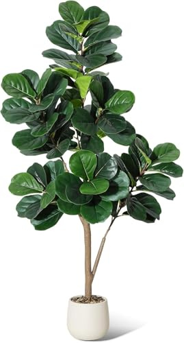 Garvee Kunstpflanze Fiddle Feigenbaum 150cm Künstliche Pflanzen Groß Mit Schotter Und Moos, Plastikpflanzen Mit Weiß Topf Und Schotter, Für Home Decor Zimmerdeko Schlafzimmer Dekoration