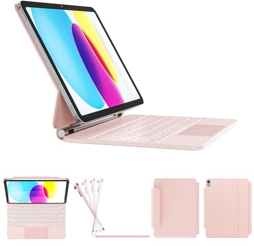 RAYMCRAFT Coque Clavier pour iPad (A16) 11e/10e Génération, Magic Keyboard pour iPad A16 2025/10e 10.9 Pouces, Rétroéclairage 11 Couleurs, Support Magnétique, Smart Trackpad, Boucle pour Stylet, Rose