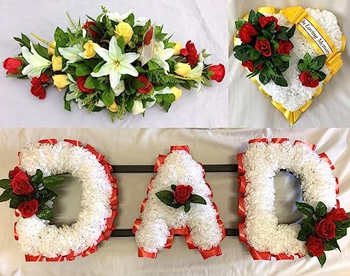 Silky Bouquets Dad Heart & Spray Silk Funeral Flower Package – Personalized 3 Letter Memorial Flowers, 24 Spray & 14 Heart | Custom Silk Funeral Flowers for Graves & Funerals
