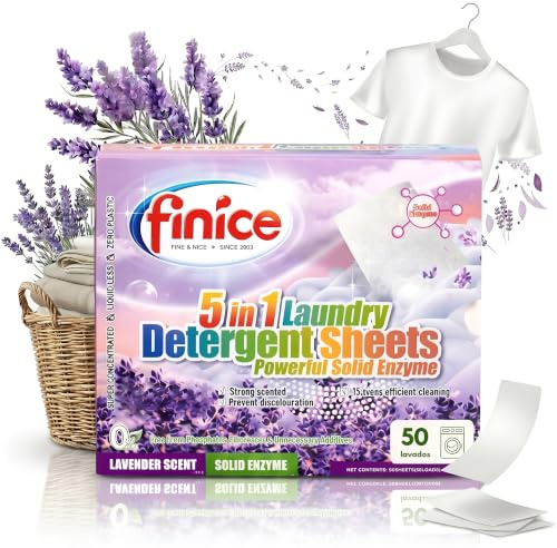 Finice Detergente en Tiras para Lavadora Quitamanchas (Hasta 100 Lavados)- Enzimático y Biodegradable, 50 Tiras Solubles Elimina Manchas y Olores Ropa de Color/Blanca Sin Residuos, Aroma Lavanda Suave