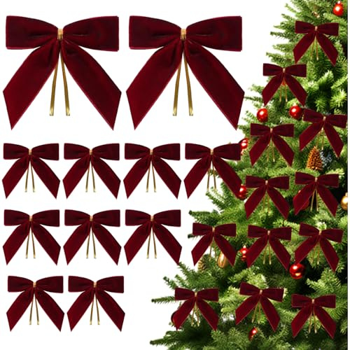 QITHGYD 24 Stück Rote Schleifen Weihnachtsbaum, Weinrote Weihnachtsschleifen Für Tannenbaum, Christbaum Dekoration, Festliche Schleifen Kränze