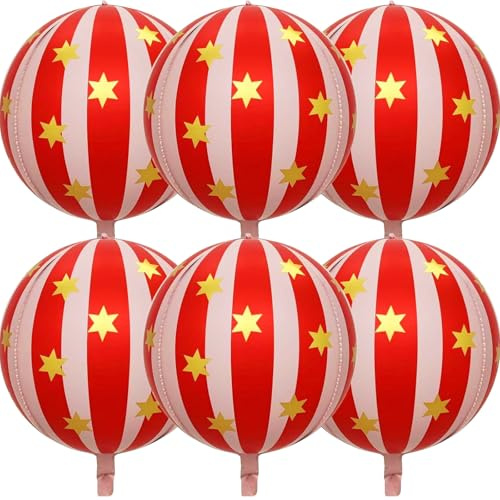 Mavouri 6 Stück Karneval Deko Luftballons Rot, 22 Zoll 4D Zirkus Deko Folienballon, Karneval Deko Luftballon, Zirkus Deko Helium Ballons für Carnival, Fasching, Kino Deko, Retro, Karnevalsdeko