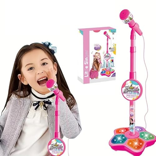 BRTNUP Kids Microphone and Stand, Pink Kids Microphone with Stand | Singing Musical Toy, Portable Karaoke Microphone and Stand with Adjustable Height&Flashing Lights for Home Singing&Party Fun