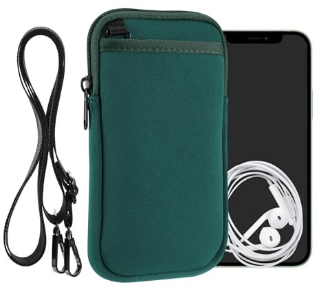 kwmobile Handy Tasche zum Umhängen für XXL - 7 - Hülle mit Band - Neopren Cover mit Reißverschluss - 17,7 x 8,5 cm - Necklace Case in Dunkelgrün