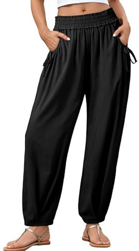 Dokotoo Women Linen Wide Leg Pants Summer Casual High Waist Side Pockets Lounge Harem Pant 2026 Beach Trousers Vacation Outfits Black Large