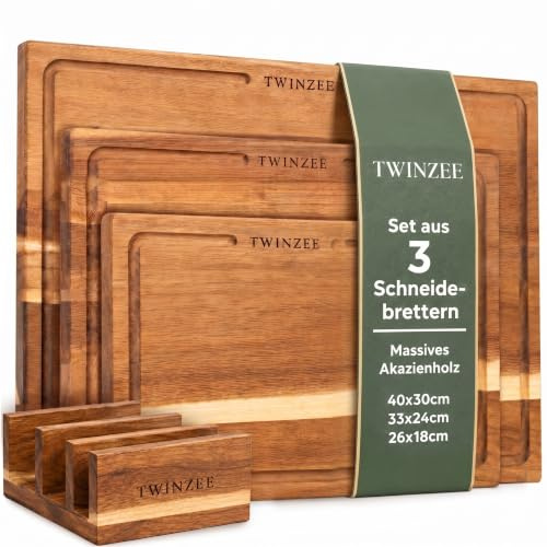 Twinzee Juego de 3 Tabla de Cortar (40 x 30/33 x 24/26 x 18 cm) de Maciza de Acacia - Tabla de Cortar Madera con Soporte, 2cm de Grosor, Con Canal para Jugos