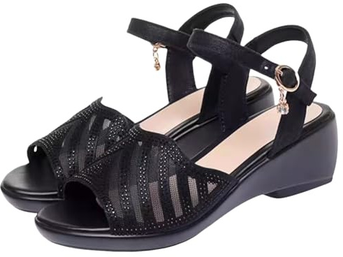 Uwdiohq Sandalias De Tacón Con Tiras Y Punta Abierta Para Mujer, En El Tobillo, Bloque, Vestir Bodas Paseo Mujer (Black, 38) Zapato Zapatillas Mayor Cangrejeras Ortopedico Señora Ancho Especial