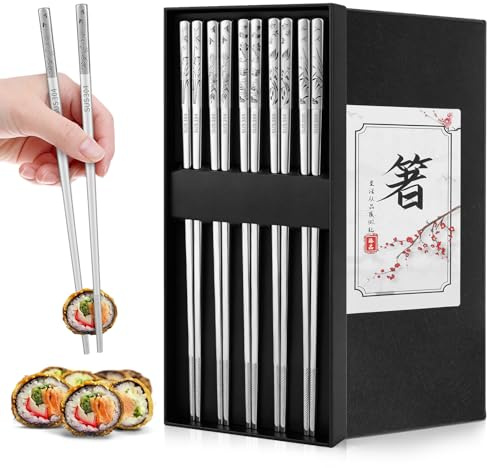 5Paar Metall Essstäbchen Edelstahl Spülmaschinenfest Essstäbchen Chopsticks | Anti-Rutsch Wiederverwendbare Sushi Stäbchen zum Essen China Ess Stäbchen Set Kochstäbchen Geschenkset für Zuhause Restaurant