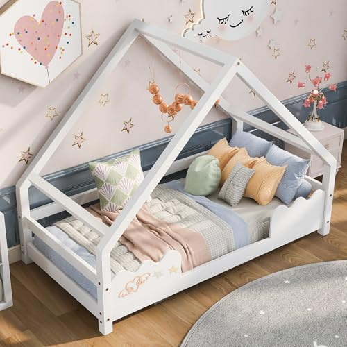 Hausbett 90x200cm Weiß bietet als Bettgestell EIN Spielbett sowie Jugendbett und Bett aus Kiefer massiv inklusive wellenförmigem Zaun sowie Lattenrost für Moderne Jugendzimmer im Apartment