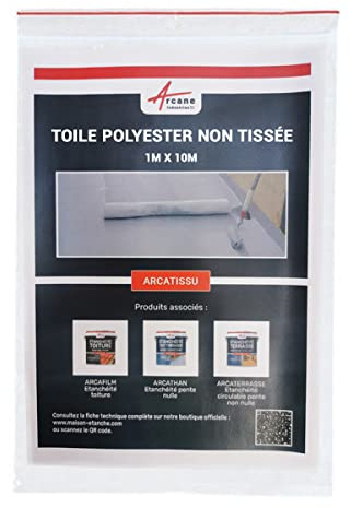 Armature Étanchéité, Fissures, Toile de Renfort - ARCATISSU 1 m x 10 m | Armature Polyester d'Étanchéité, Renforce Joints et Fissures, Toitures, Terrasses, Chenaux, Béton - Arcane Industries